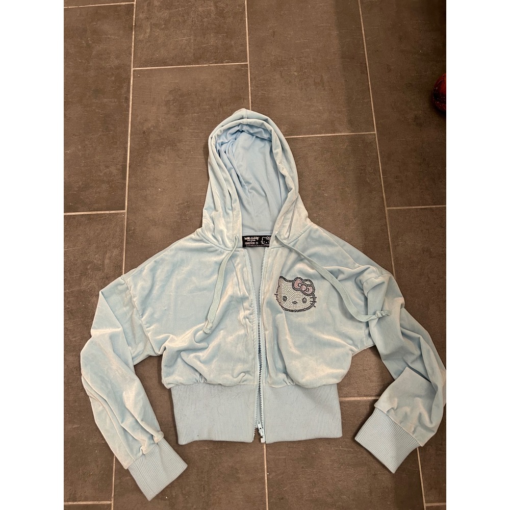 Forever 21 x Hello Kitty Blue Velour Cropped Zip Up Hoodie Rhinestone Small